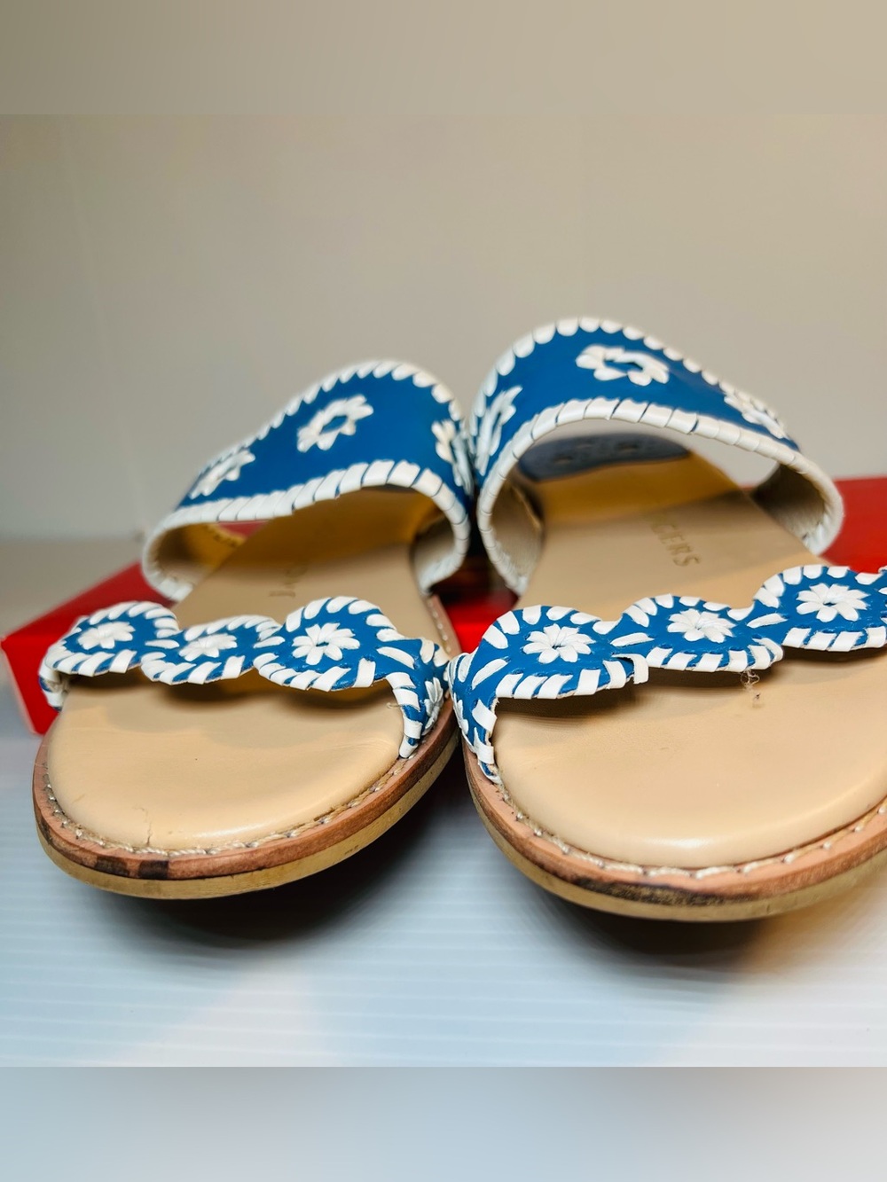 Jack Rogers Lauren Blue & White Double Scalloped Strap Slide Sandals Size 8.5 - Picture 5 of 10